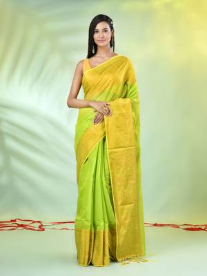 Light green cotton saree with zari borders 1