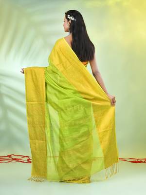 Light green cotton saree with zari borders 3