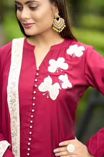 Nikhaar pink hand embroidery art silk stitched straight cut  trouser kurta & dupatta 
