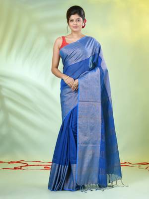 Sapphire blue cotton saree with zari borders 1