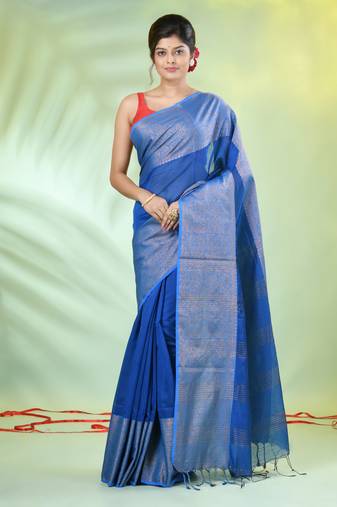 Sapphire blue cotton saree with zari borders