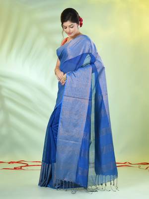 Sapphire blue cotton saree with zari borders 2