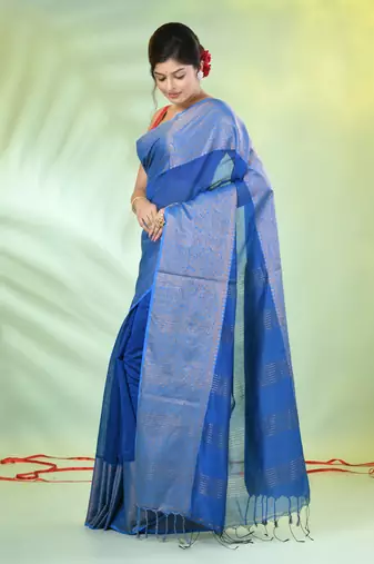Sapphire blue cotton saree with zari borders