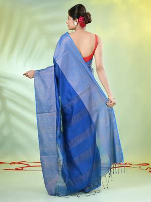 Sapphire blue cotton saree with zari borders 3