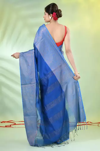 Sapphire blue cotton saree with zari borders