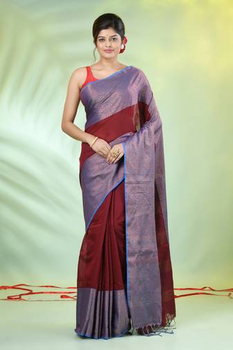 Maroon cotton saree with zari borders