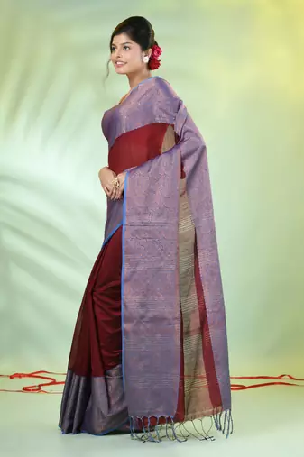 Maroon cotton saree with zari borders