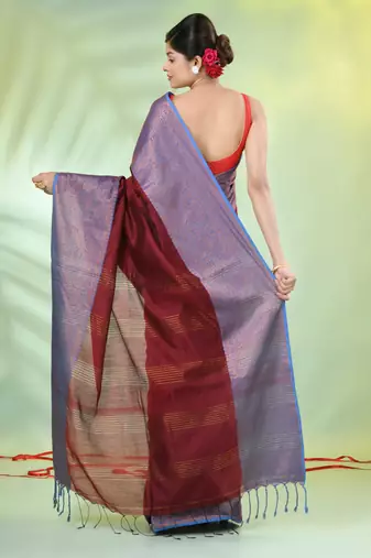 Maroon cotton saree with zari borders