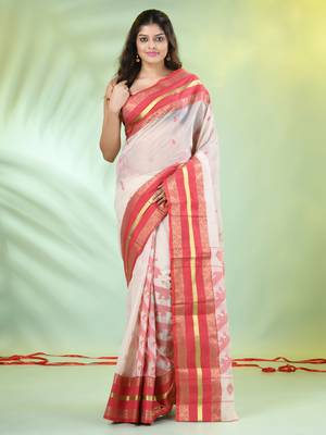 Beige cotton handwoven saree with ethnic patterns 1
