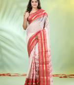 Beige cotton handwoven saree with ethnic patterns