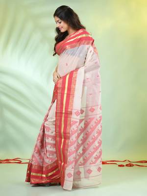 Beige cotton handwoven saree with ethnic patterns 2