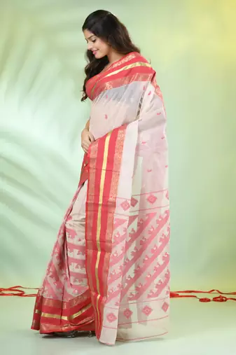 Beige cotton handwoven saree with ethnic patterns