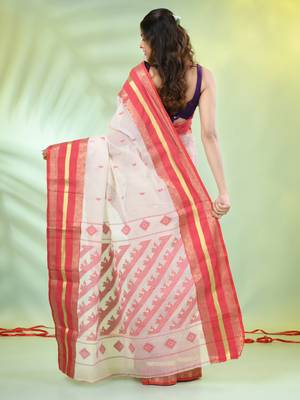 Beige cotton handwoven saree with ethnic patterns 3