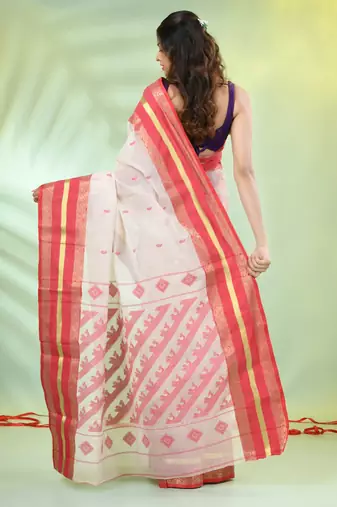 Beige cotton handwoven saree with ethnic patterns