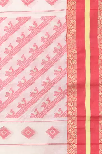 Beige cotton handwoven saree with ethnic patterns
