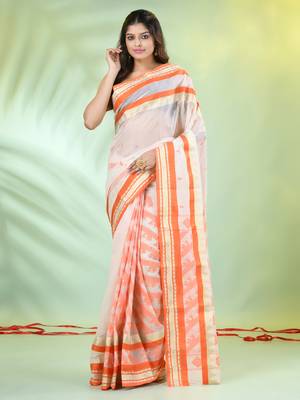 Off white handwoven cotton saree with ethnic patterns 1