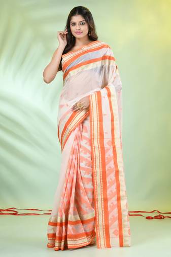 Off white handwoven cotton saree with ethnic patterns