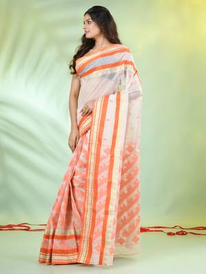 Off white handwoven cotton saree with ethnic patterns 2