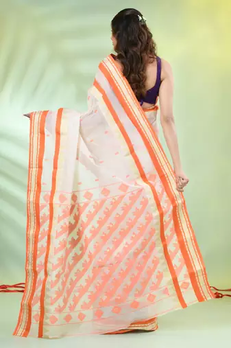 Off white handwoven cotton saree with ethnic patterns