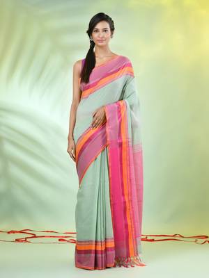 Pistachio green cotton saree with temple borders 1