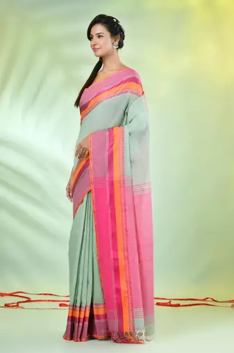 Pistachio green cotton saree with temple borders