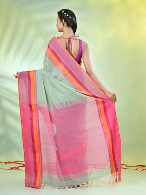 Pistachio green cotton saree with temple borders 3