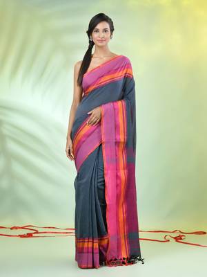 Grey cotton saree with temple borders 1
