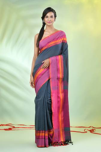 Grey cotton saree with temple borders