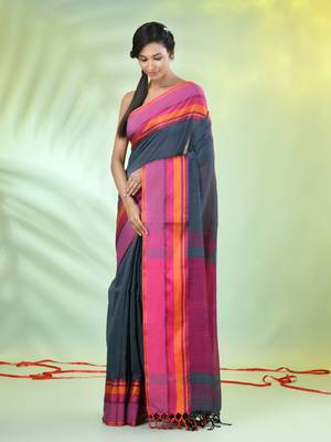 Grey cotton saree with temple borders 2