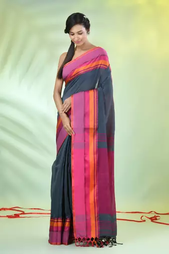 Grey cotton saree with temple borders