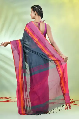 Grey cotton saree with temple borders