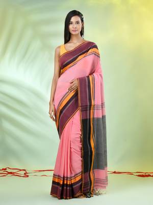 Peach cotton saree with temple borders 1