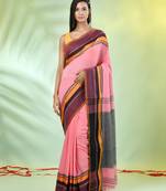Peach cotton saree with temple borders