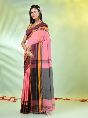 Peach cotton saree with temple borders 2