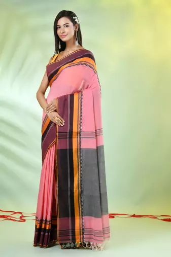 Peach cotton saree with temple borders