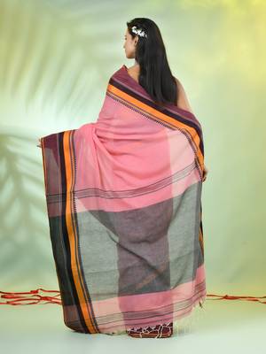 Peach cotton saree with temple borders 3