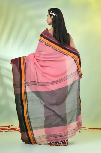 Peach cotton saree with temple borders