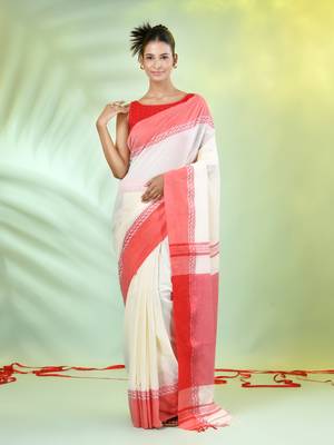 Off white cotton saree with temple borders 1