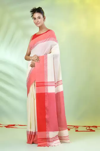 Off white cotton saree with temple borders