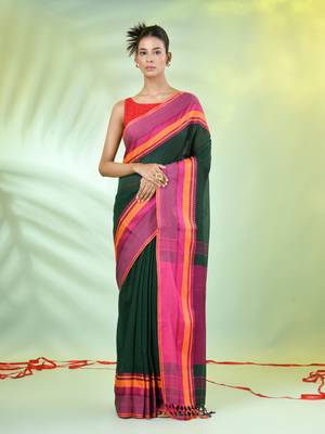 Green cotton saree with temple borders 1