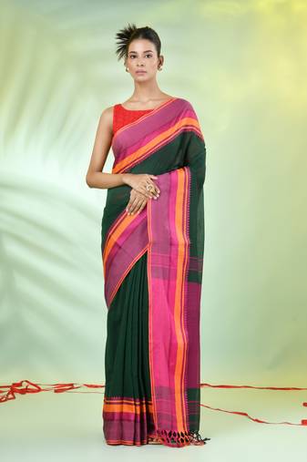 Green cotton saree with temple borders