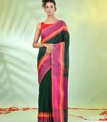 Green cotton saree with temple borders