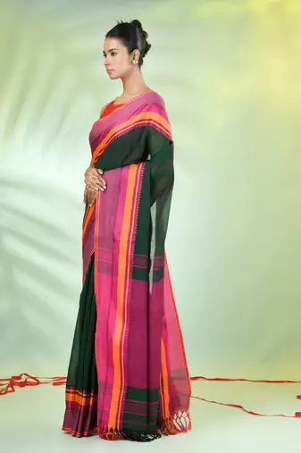 Green cotton saree with temple borders