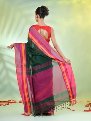 Green cotton saree with temple borders 3