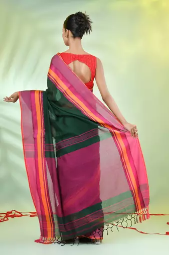 Green cotton saree with temple borders