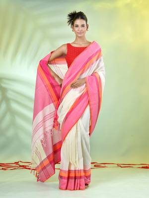 Off white cotton saree with temple borders 1