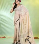 Beige cotton handwoven saree with bird motifs