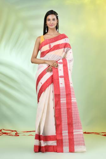 Off white handwoven cotton saree with ethnic patterns