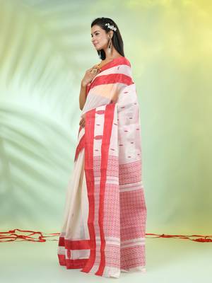 Off white handwoven cotton saree with ethnic patterns 2