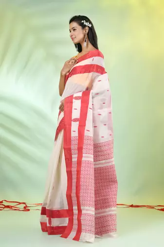 Off white handwoven cotton saree with ethnic patterns